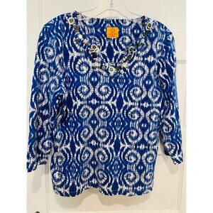Ruby Rd. Blue & White Patterned Tunic With Beaded Collar Size Medium 3/4 Sleeve
